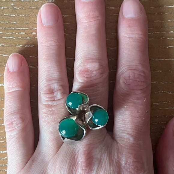 KULTASEPPÄ SALOVAARA Finland Modernist Sterling Silver Ring Chrysoprase Sz 7 MCM - Picture 7 of 13